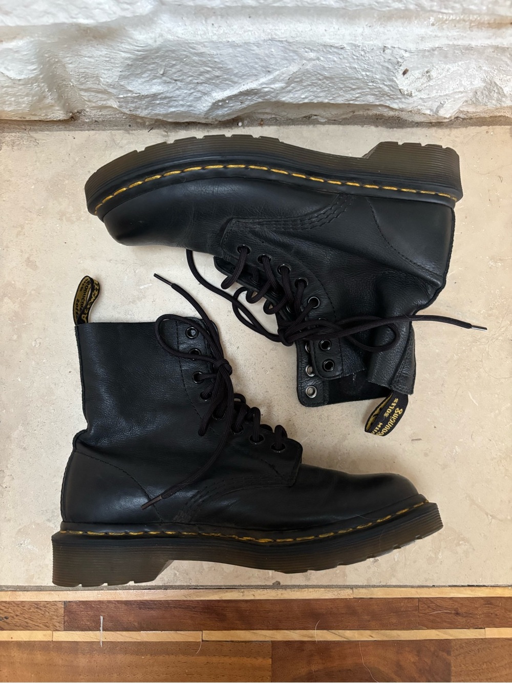 Dr. Martens Black Leather 8-Eye Lace-Up Boots with Yellow Stitching
